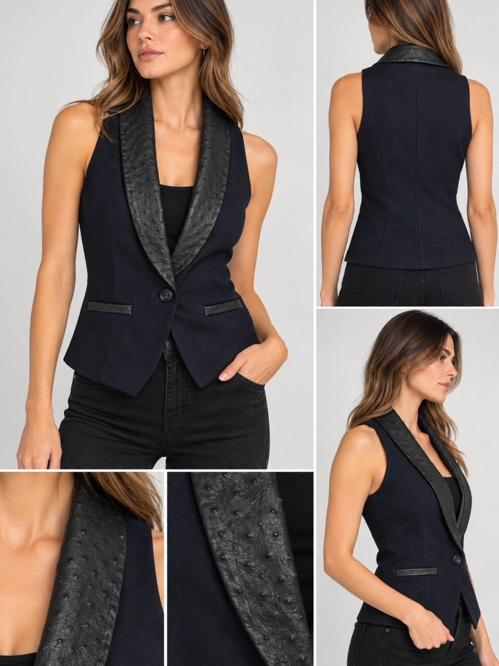 La Pina David Helwani Women’s Navy Blue Vest Black Leather Collar S